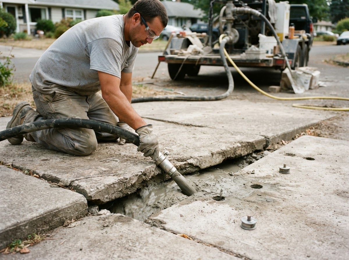 Cementitious slurry being pumped through a hose into drilled injection holes in a settled concrete sidewalk panel during mudjacking