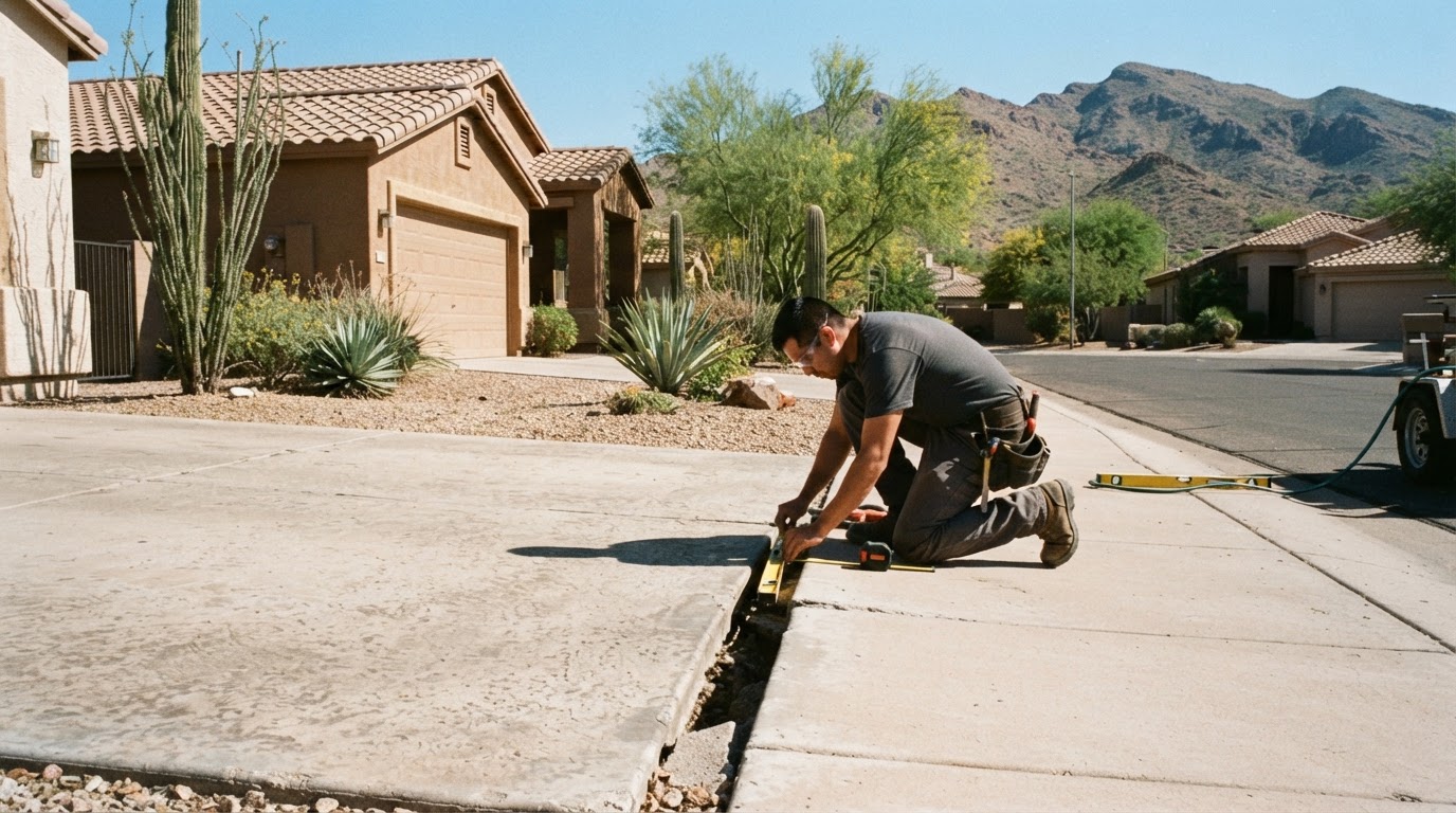Concrete leveling technician assessing a settled driveway slab at an established Arizona stucco residence in Ahwatukee with subtle South Mountain foothill context in the background