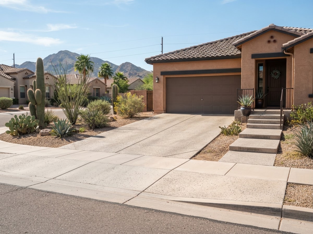 Residential concrete flatwork in an Arizona neighborhood including a sidewalk, driveway apron and porch steps