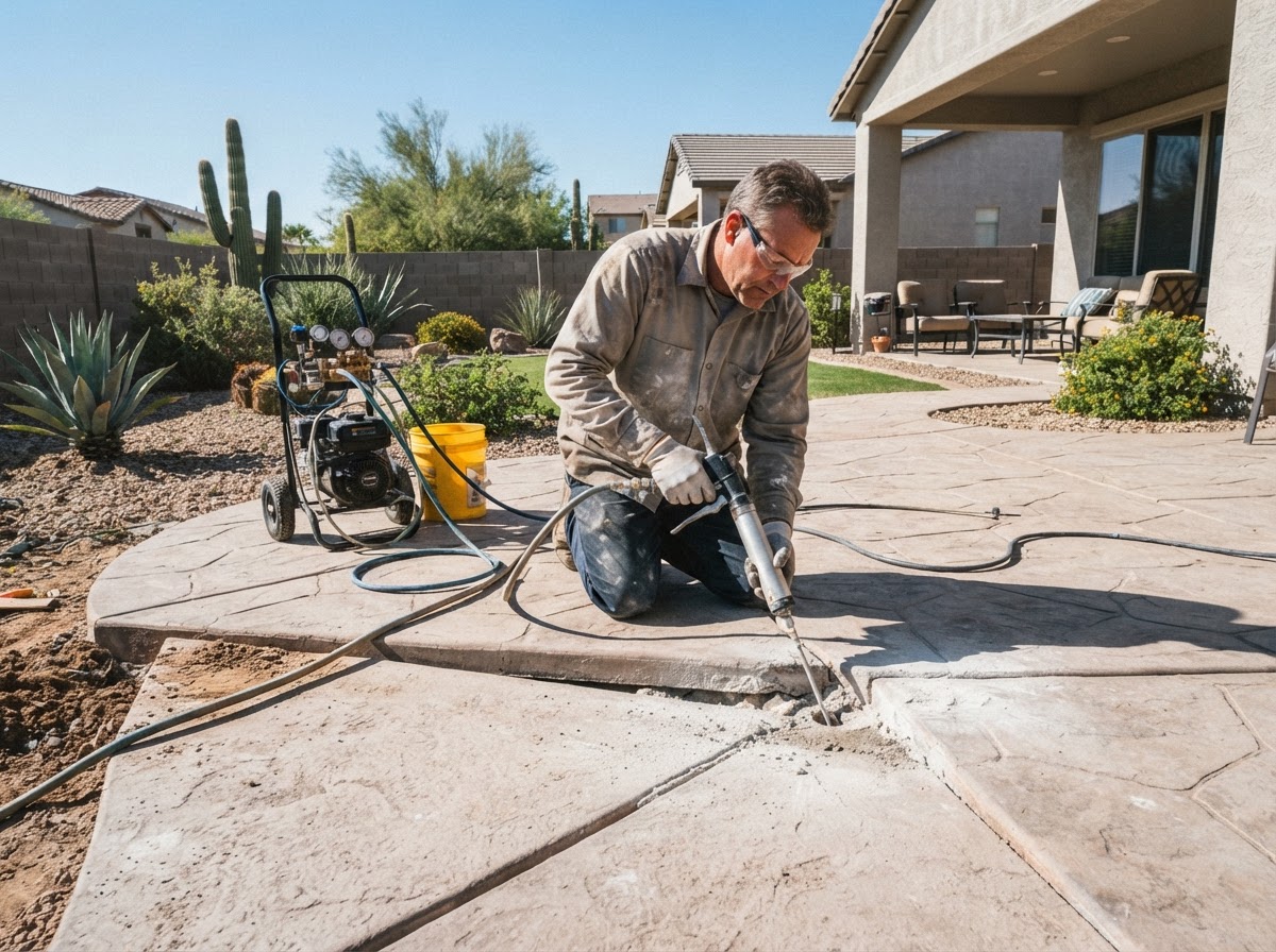 Technician performing controlled lifting injection at a patio-to-walkway transition slab at a newer Arizona suburban backyard property
