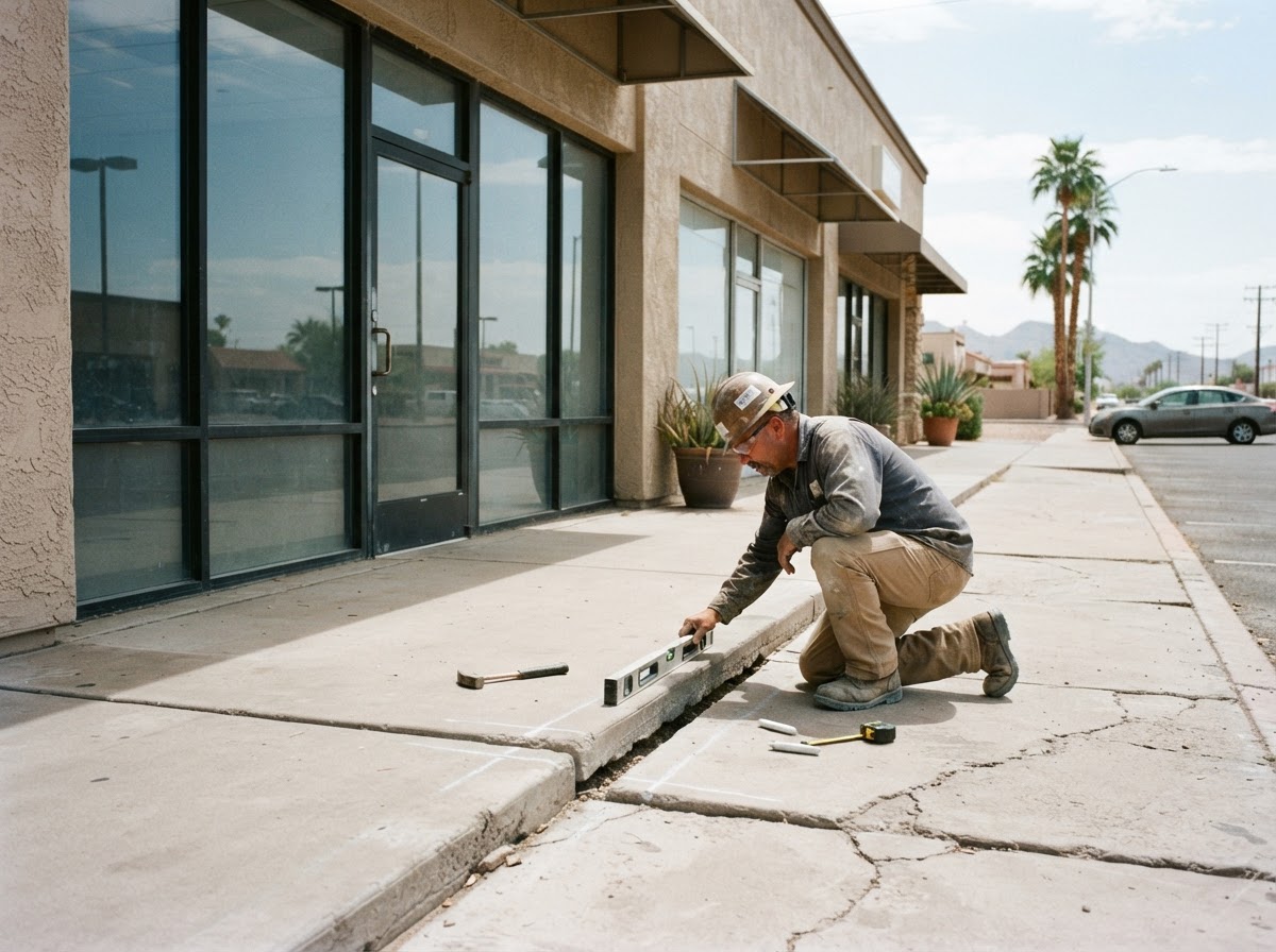 Commercial pedestrian sidewalk slab in front of a Mesa Arizona retail building being evaluated for concrete leveling