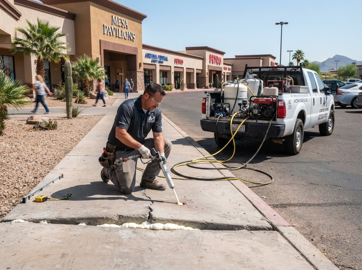 Technician performing polyurethane foam injection lifting on a commercial concrete slab at a Mesa Arizona retail or office property