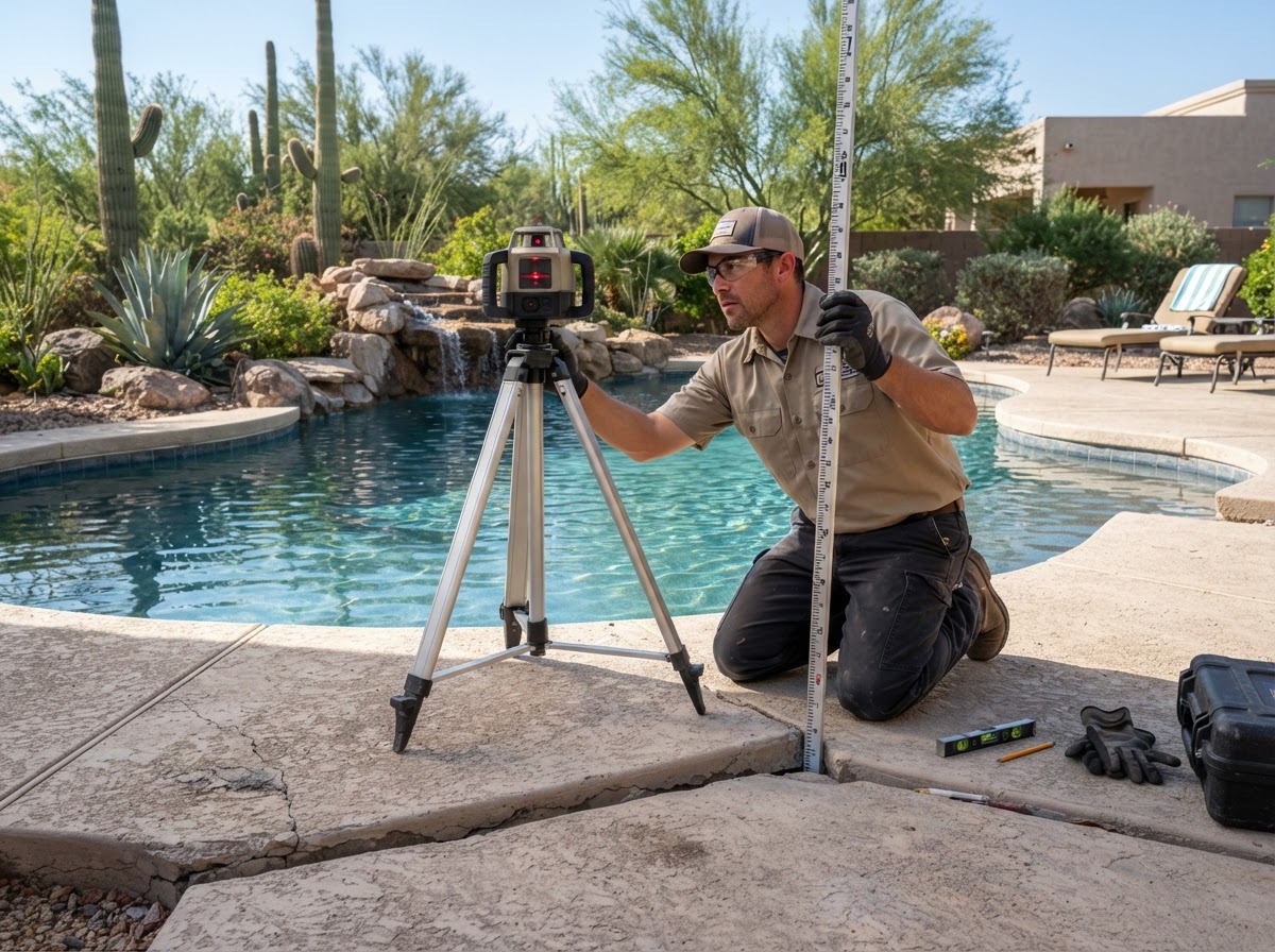 Technician using a laser level measurement tool to check elevation across a settled concrete pool deck section near a backyard pool with equipment positioned away from the pool edge