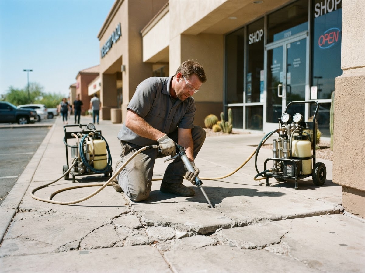 Technician performing controlled concrete lifting injection on a settled commercial entry slab in front of an Arizona retail building