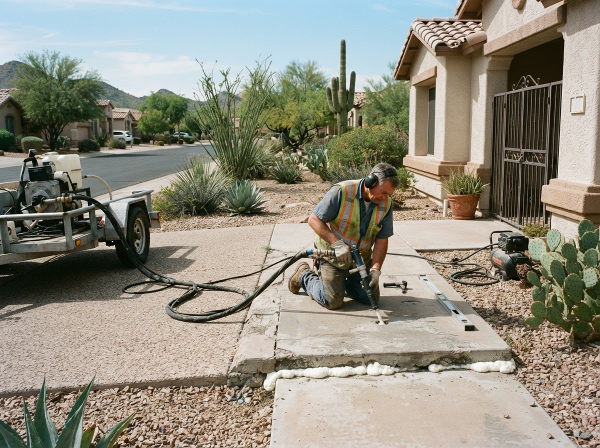 Technician performing controlled concrete lifting on a residential front entry walkway slab in a mature Arizona active-adult community