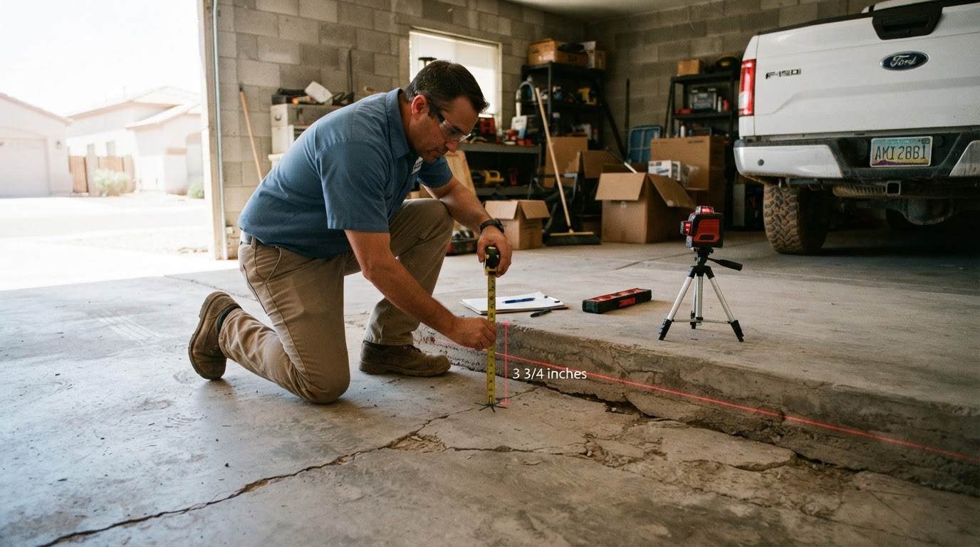Technician measuring the elevation of a settled entry landing slab with a level near a front door threshold in Arizona