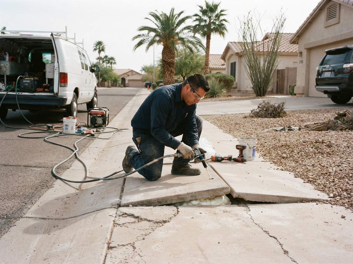 Technician performing controlled concrete lifting on a residential sidewalk panel along a Mesa Arizona suburban street