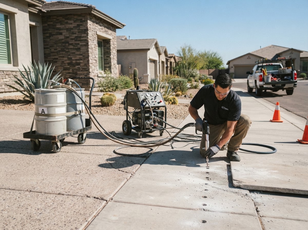 Professional concrete lifting injection equipment and polyurethane material tanks staged on a residential driveway in a newer Arizona subdivision