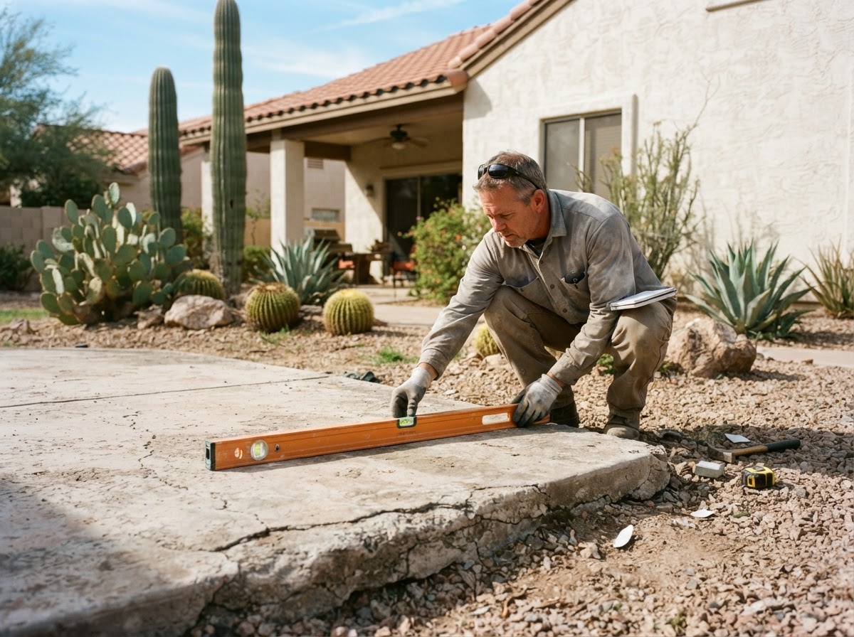 Backyard concrete patio slab in a desert-landscaped Arizona yard being measured for leveling