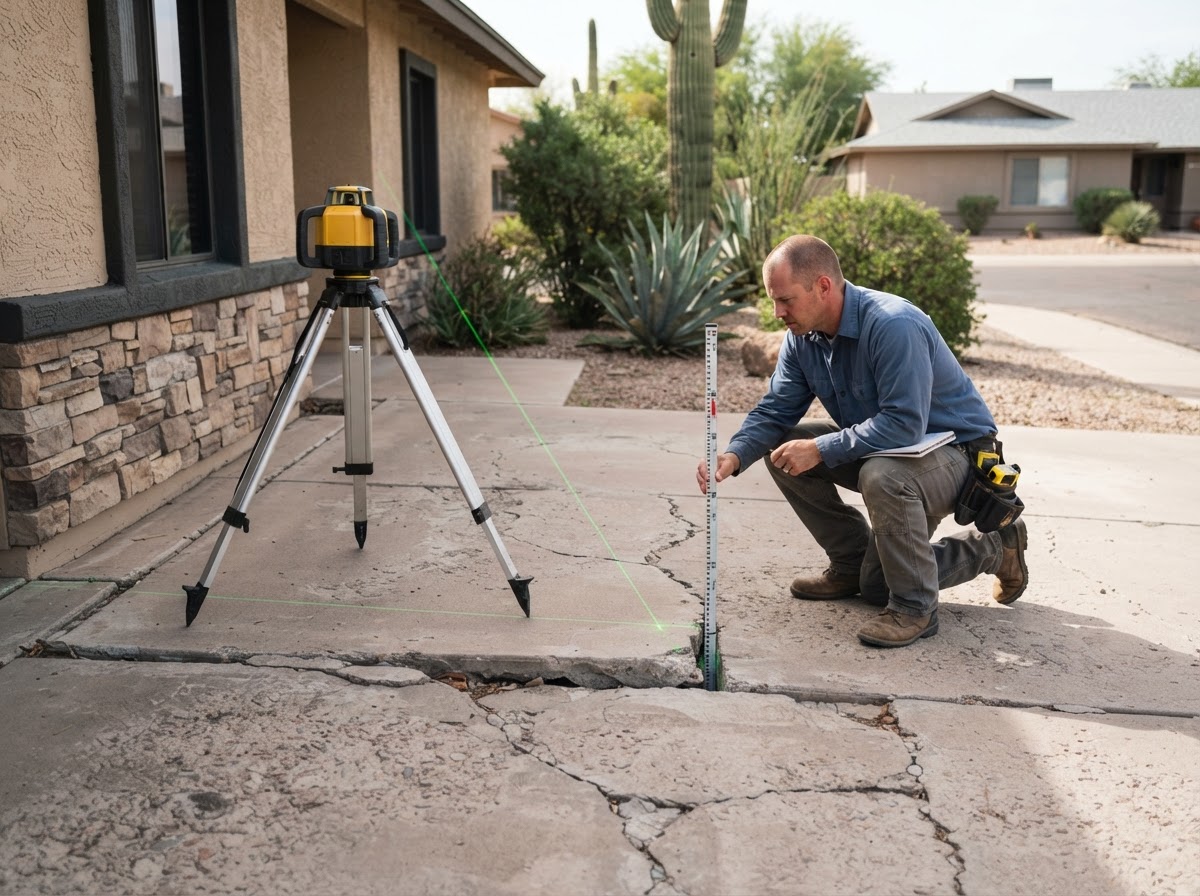 Technician using a laser level measurement tool to check elevation across a settled residential driveway slab at an established Arizona neighborhood property