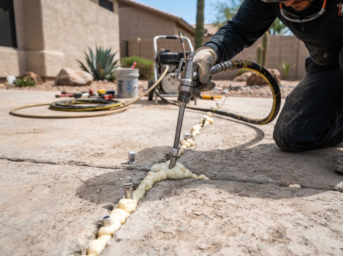 Close-up of small injection ports drilled through a concrete slab for polyurethane foam lifting at a Mesa Arizona property with injection equipment nozzle connected