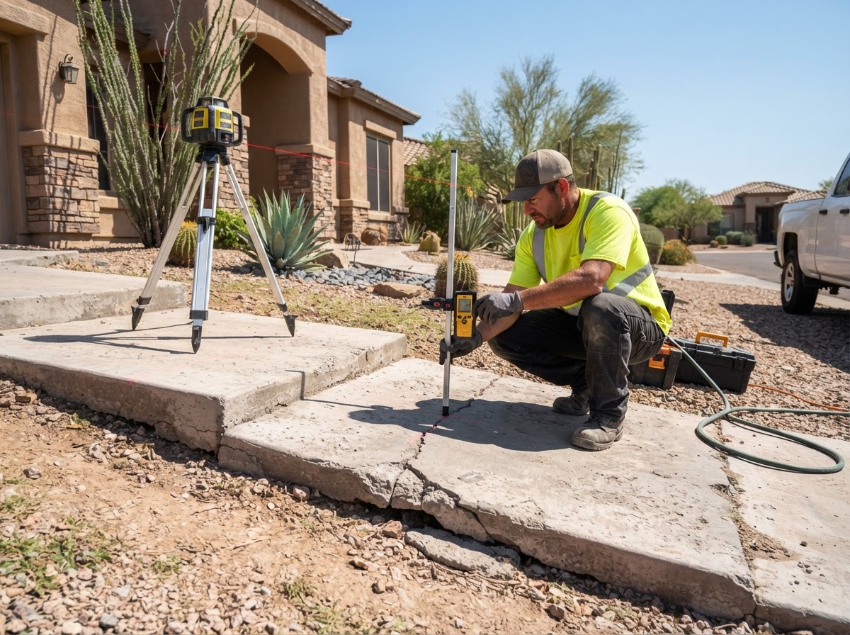 Concrete leveling technician using a laser level to check elevation and grade across a settled residential walkway slab on a gently sloped Arizona lot