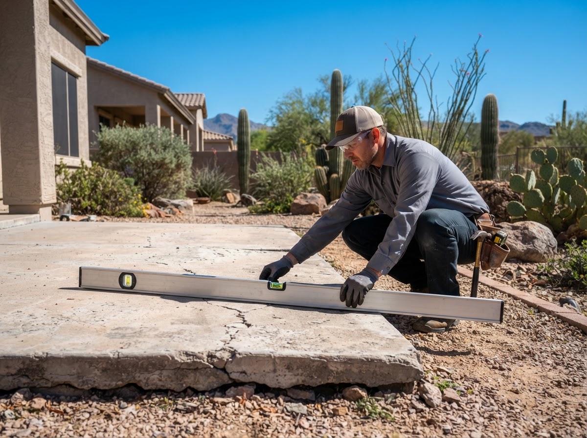 Technician using a long straight-edge level to check the grade and elevation drop across a settled backyard concrete patio slab in a desert-landscaped Arizona yard