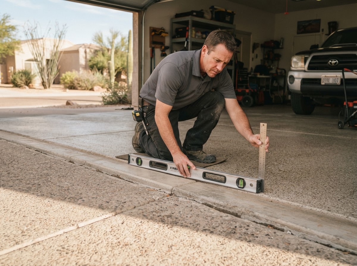 Technician measuring the elevation offset at a garage-to-driveway approach transition with a level tool inside an attached garage