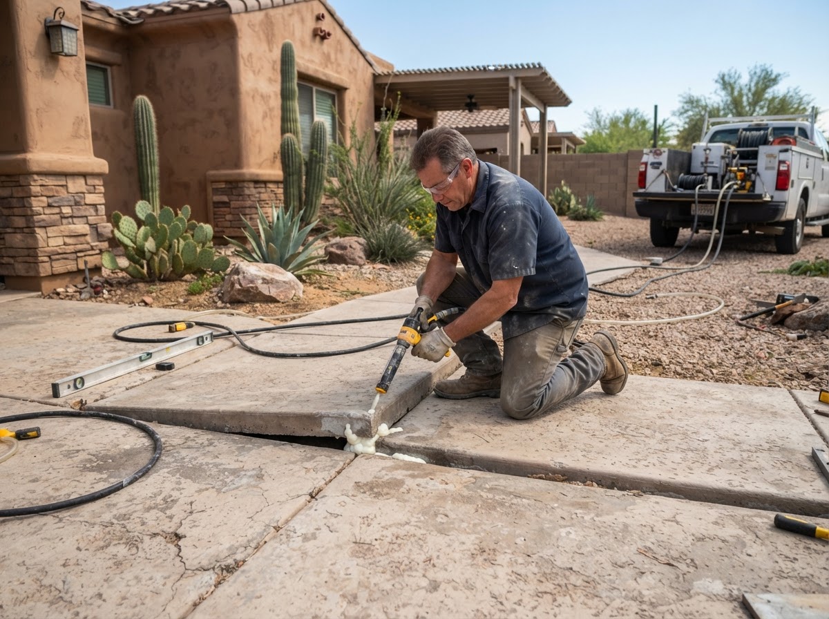 Technician performing polyurethane foam injection lifting on a backyard patio or walkway slab at an established Arizona residential property