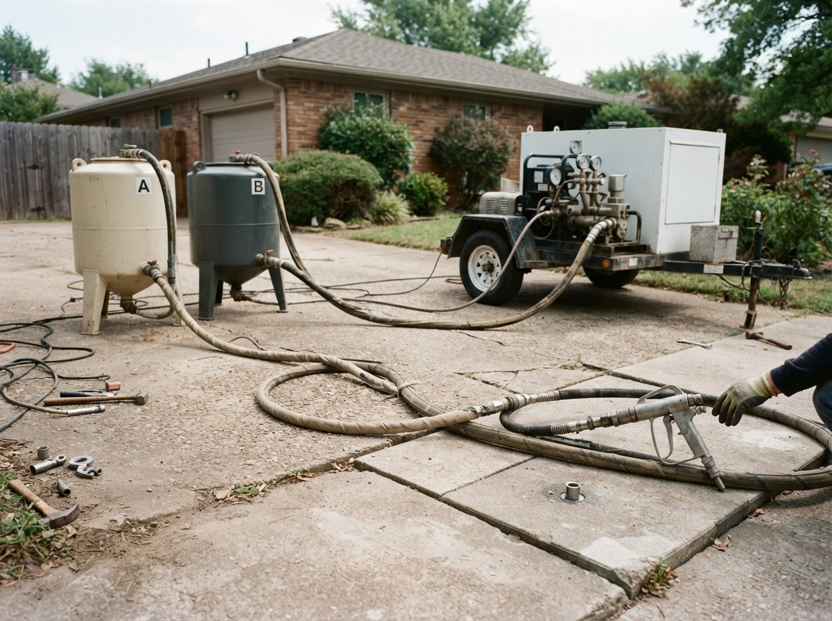 Professional concrete lifting injection equipment and material tanks staged on a residential driveway