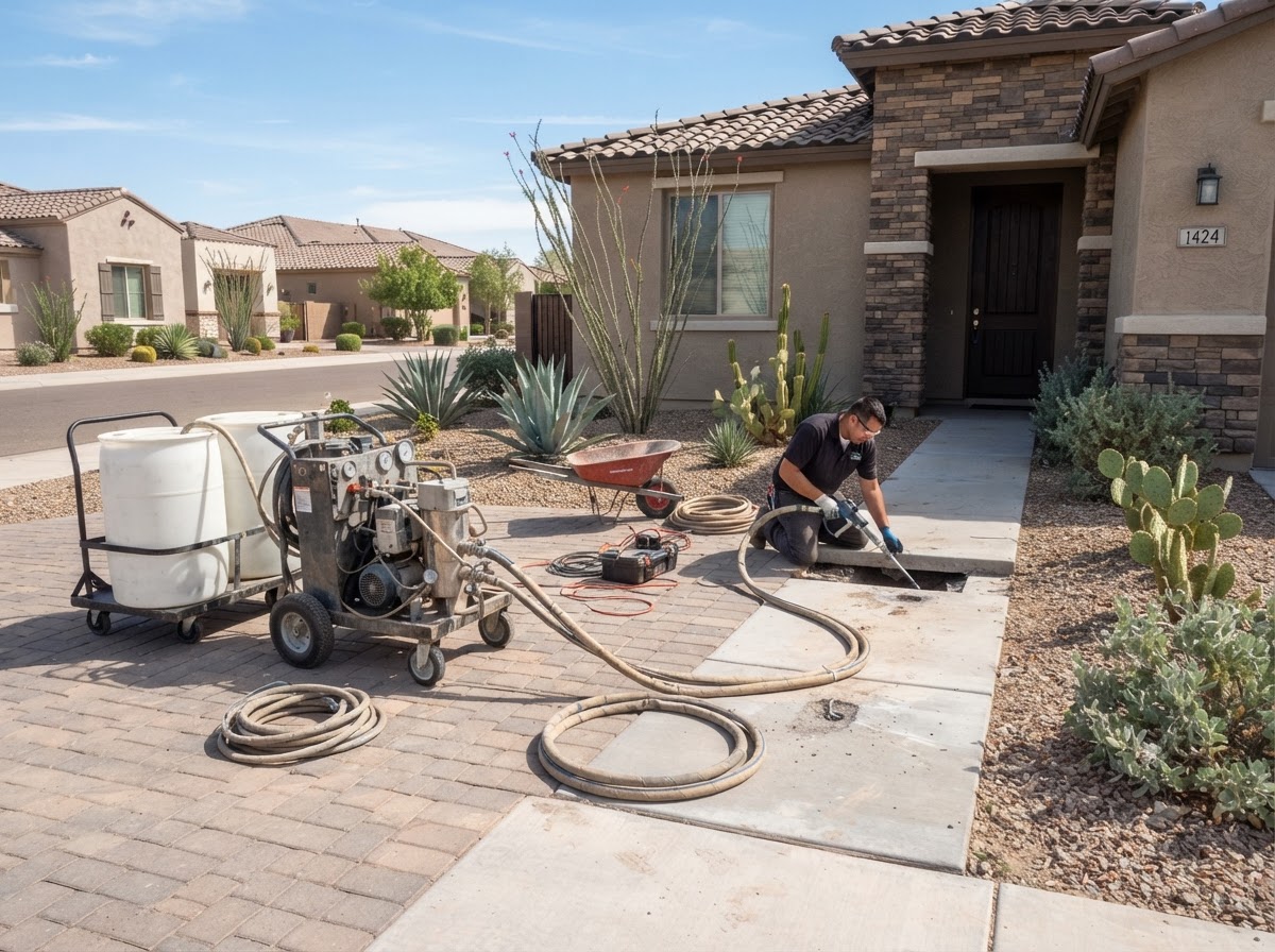 Professional concrete lifting equipment and polyurethane material tanks staged along a residential front walkway at a newer Arizona subdivision home