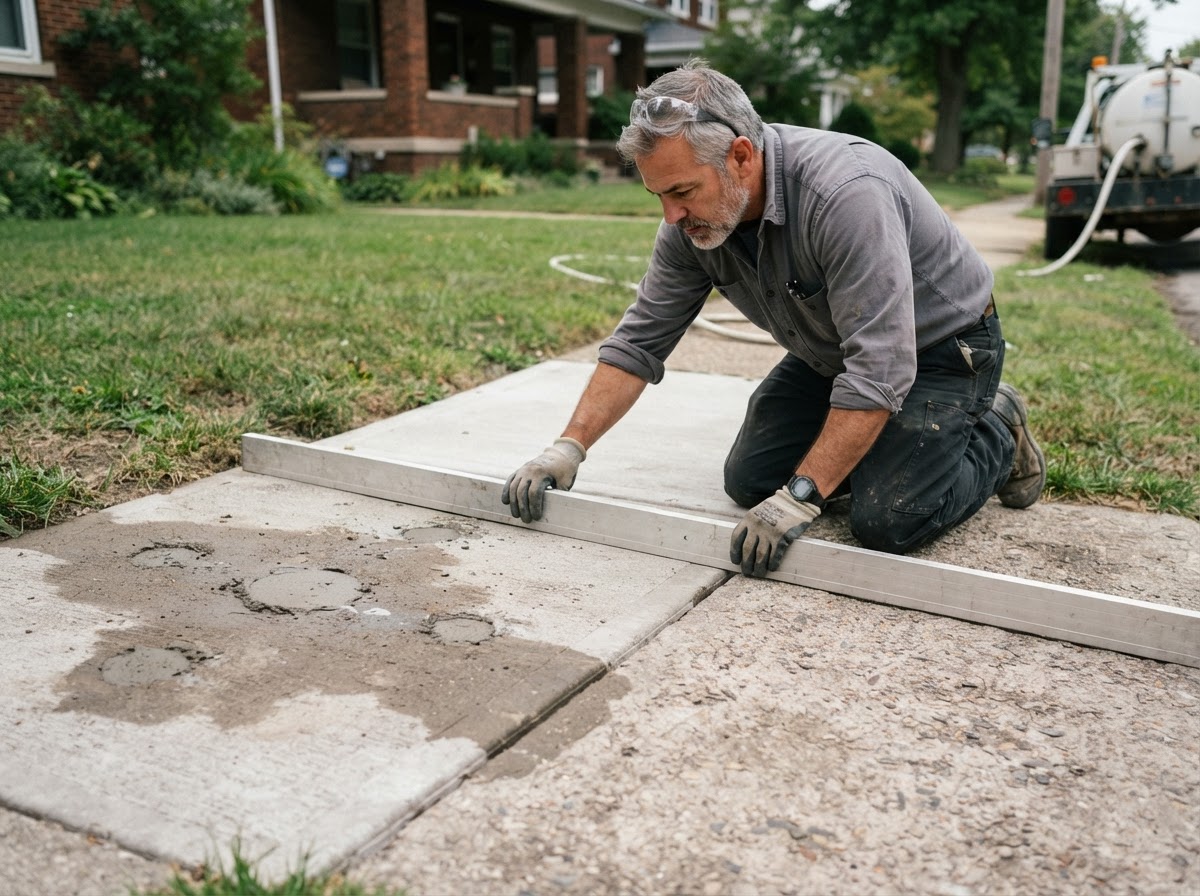 Technician checking panel alignment with a straight-edge across a leveled concrete sidewalk joint after a mudjacking lift