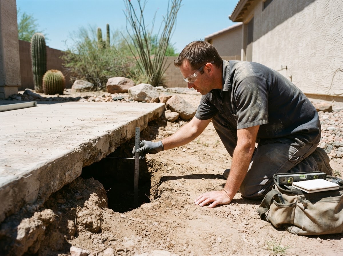 Technician assessing a void beneath a concrete slab edge, checking the gap at the slab edge with a tool in an Arizona yard