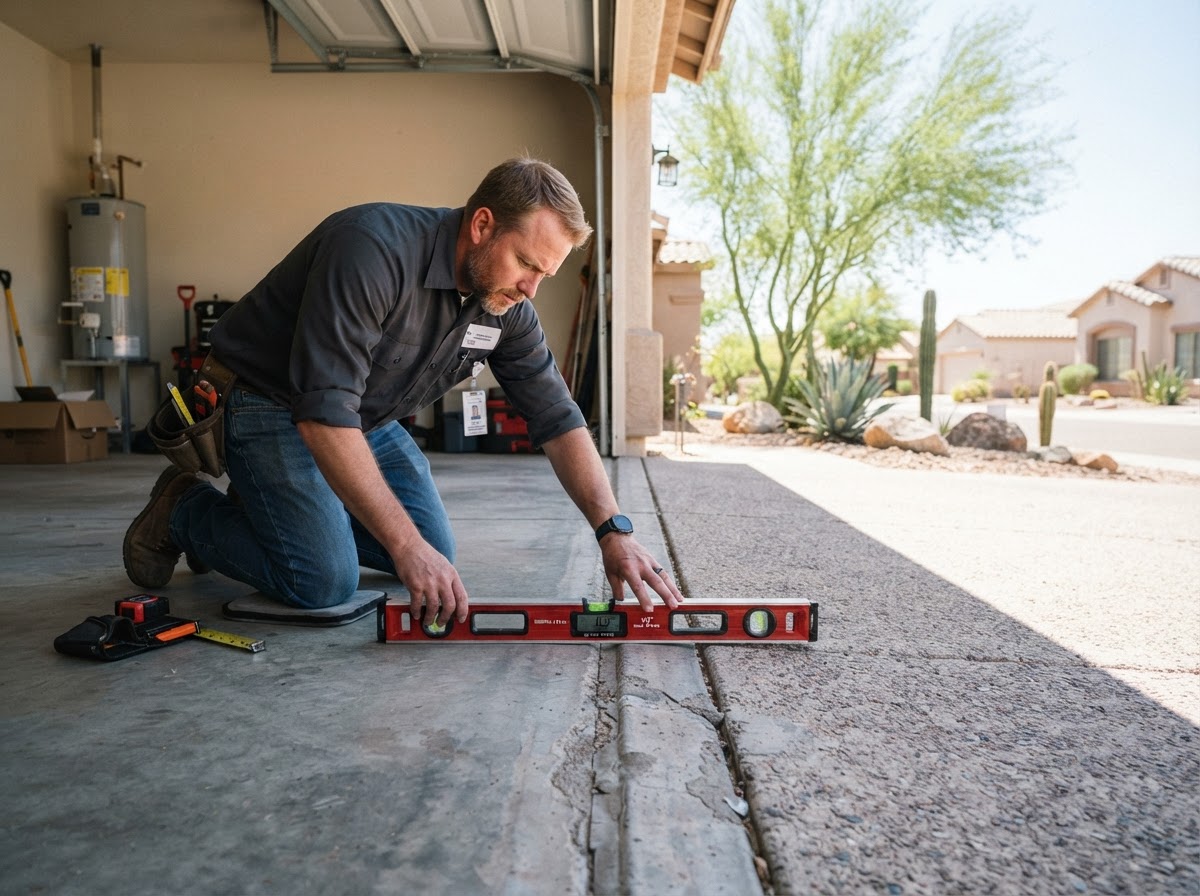Technician measuring the elevation offset at a garage-to-driveway approach transition with a digital level tool inside an attached Arizona garage with the garage door open