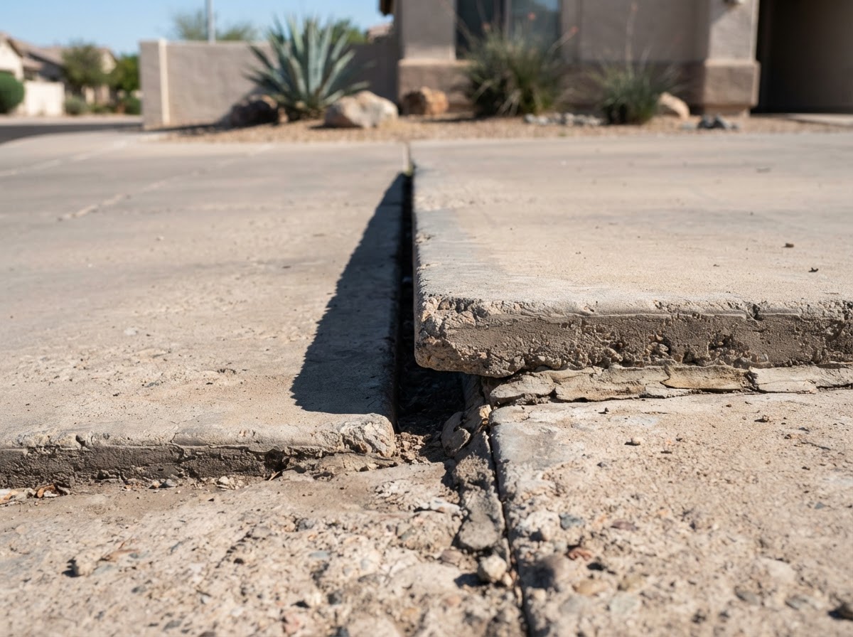 Close-up of a vertical offset between two concrete driveway panels at a control joint showing a sunken lower panel creating a trip edge