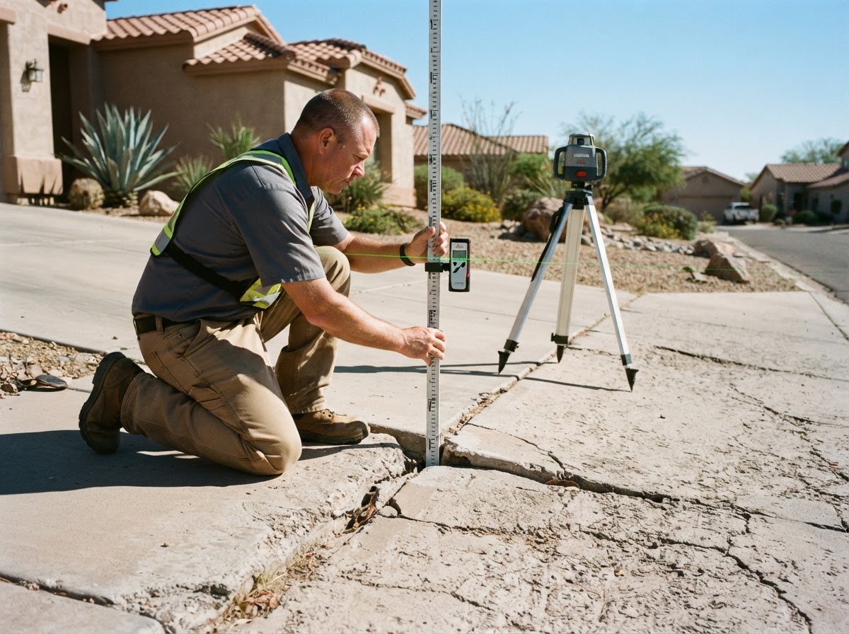 Technician measuring slab elevations across a settled concrete driveway panel with a laser level in Arizona