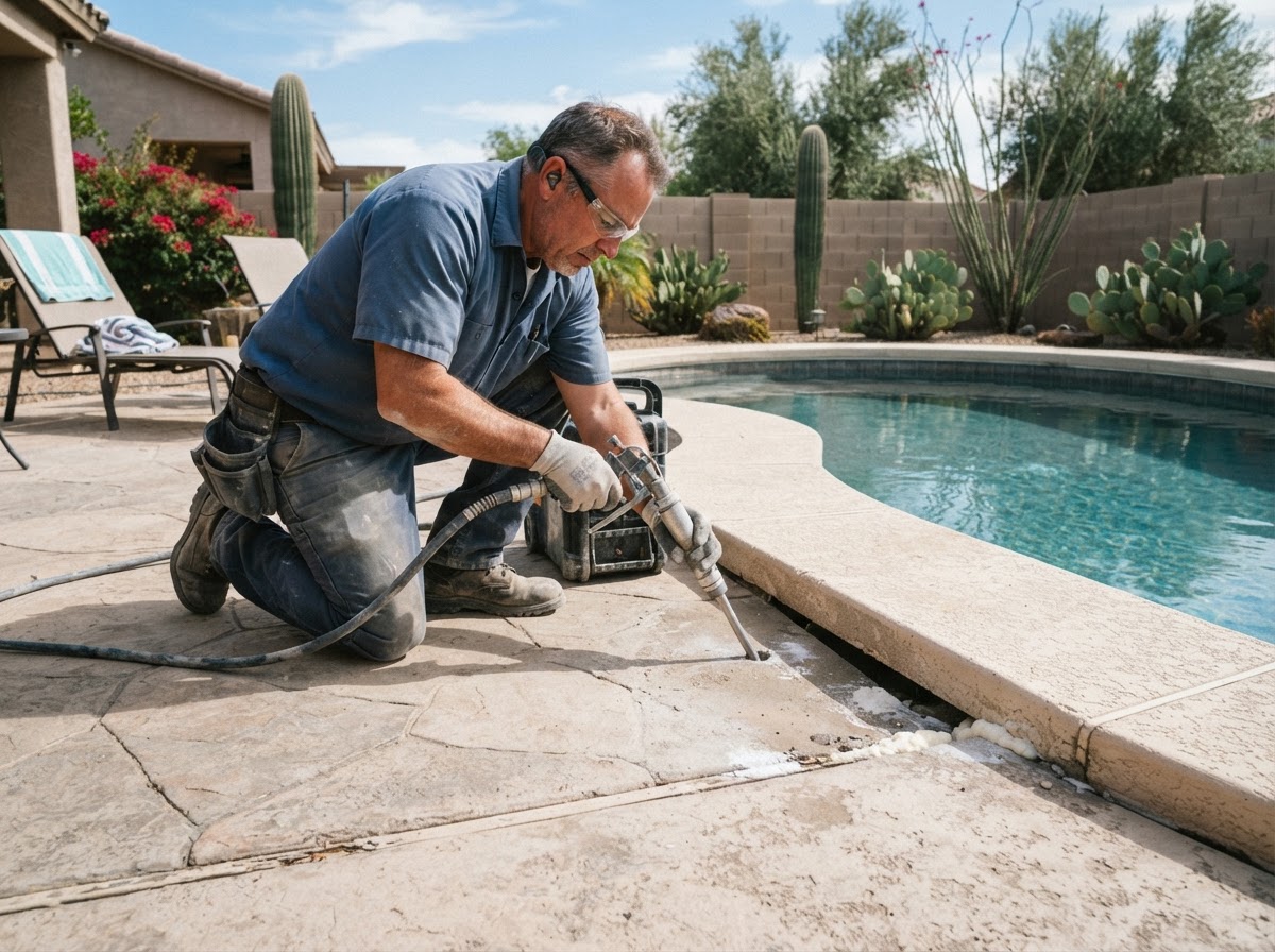 Technician performing controlled lifting injection at a patio-to-walkway or pool-area transition slab at an established Arizona backyard property