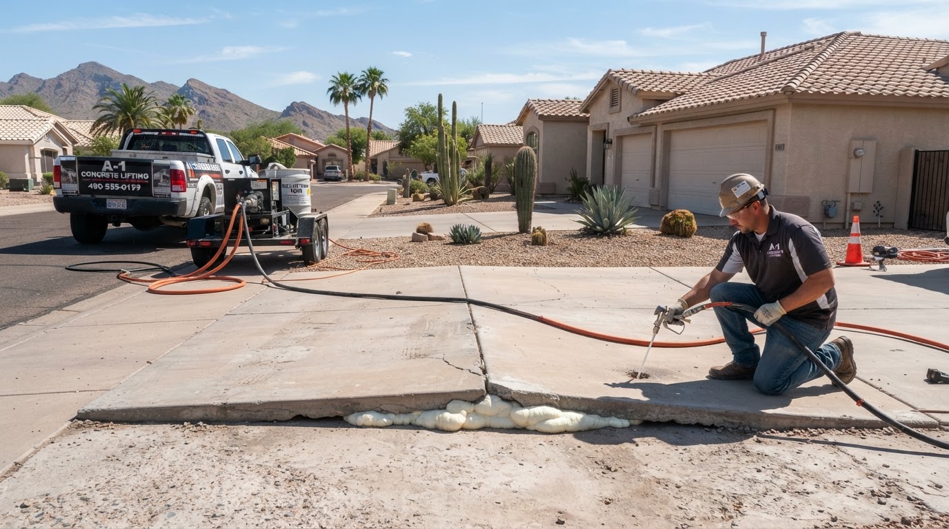 Polyurethane concrete lifting setup at a residential driveway in a Mesa Arizona suburban property with technician performing controlled foam lifting on a settled slab