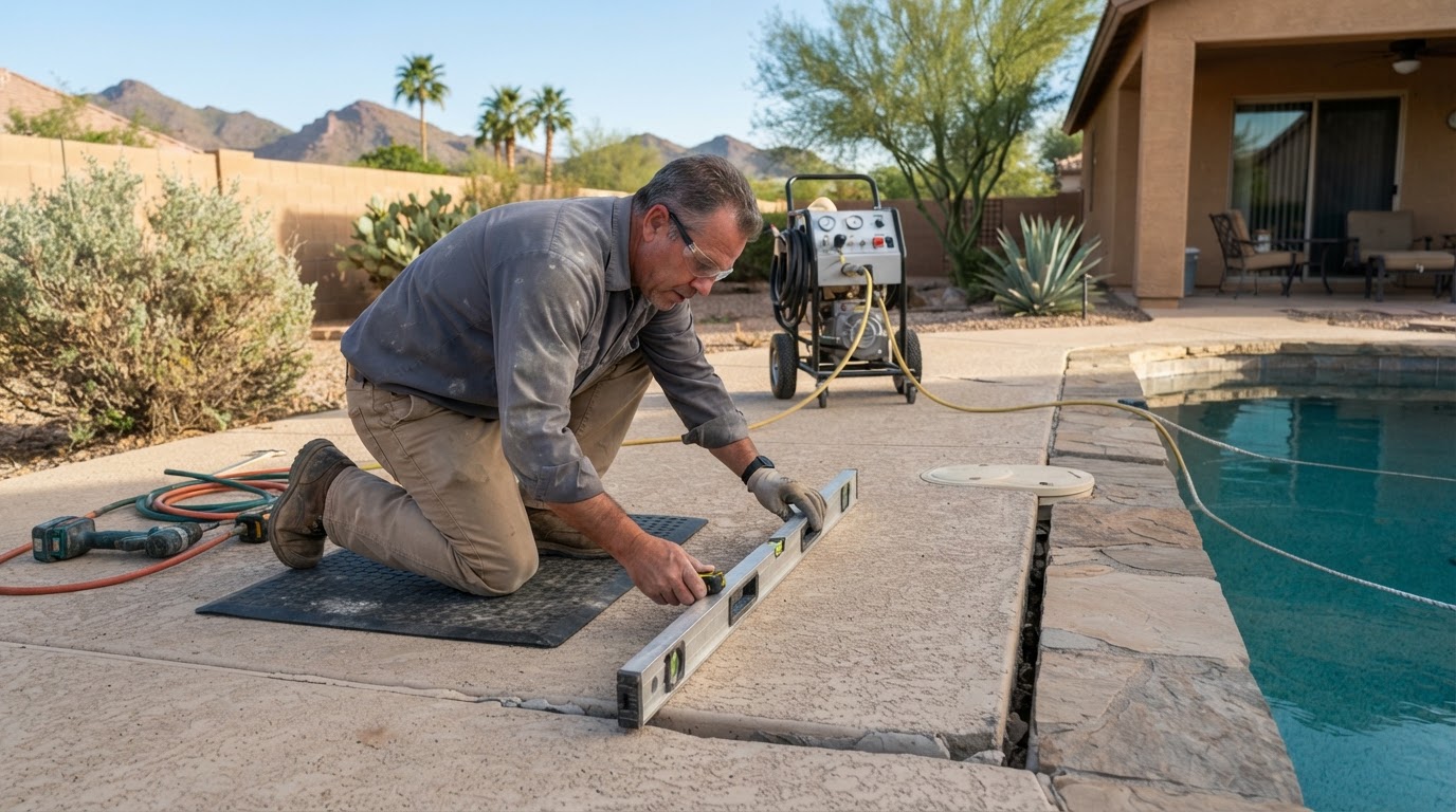 Technician evaluating a settled concrete pool deck section near a backyard pool with injection equipment positioned away from the pool edge