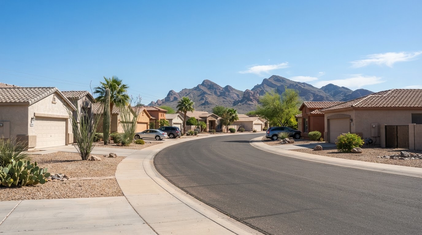 East Valley Arizona suburban neighborhood with stucco homes, concrete driveways and desert landscaping