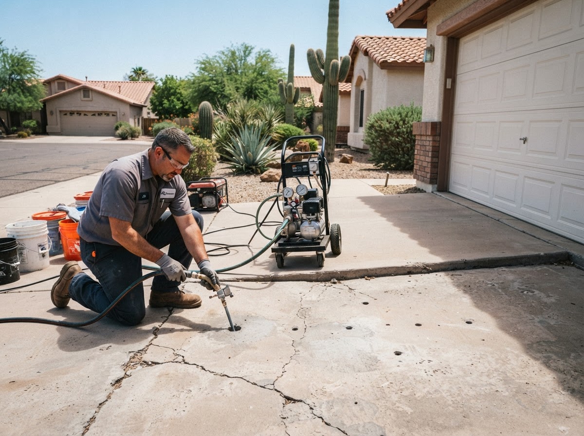 Professional concrete lifting injection equipment positioned at a residential garage approach and driveway transition in an established Arizona neighborhood