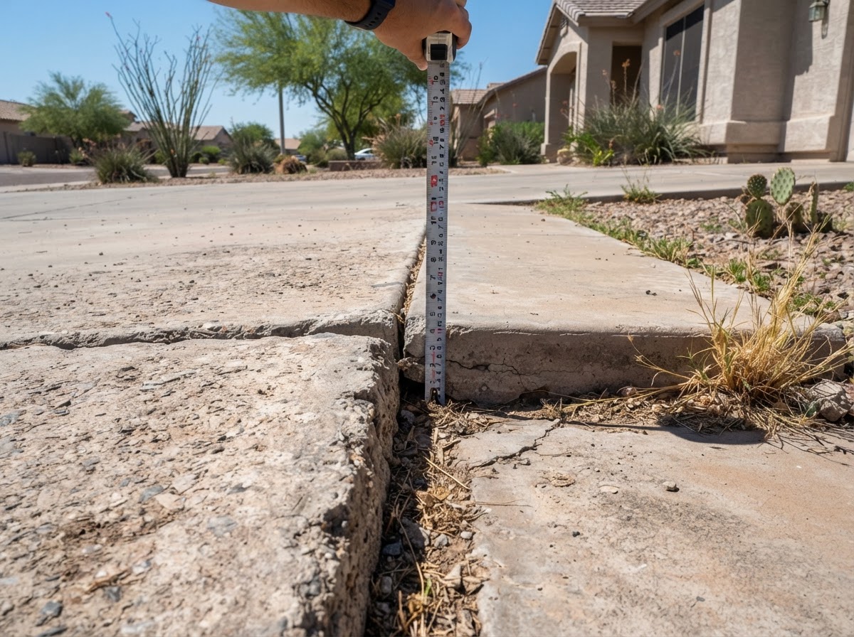 Close-up of an older concrete driveway panel with a vertical offset at a control joint showing settlement between panels at a Mesa Arizona residential property