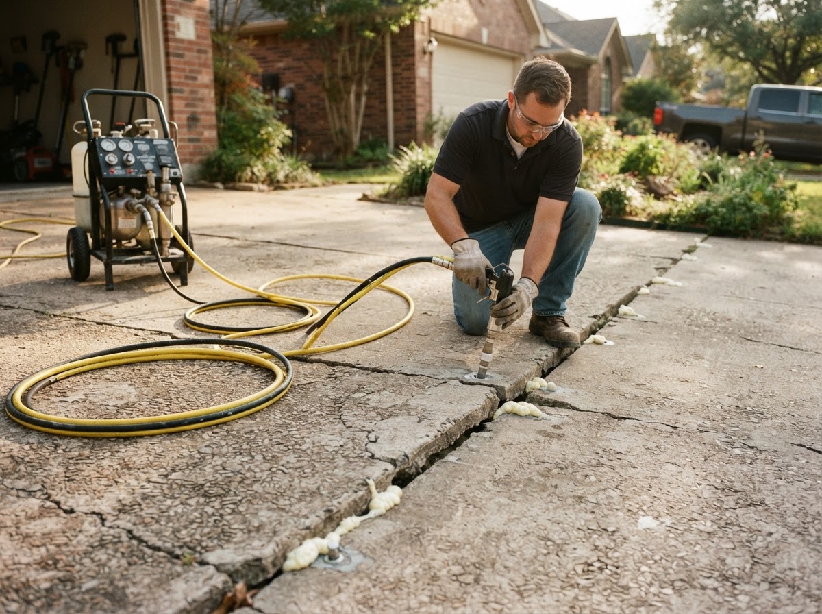 Injection equipment and hoses staged on a settled residential driveway panel during a driveway leveling lift