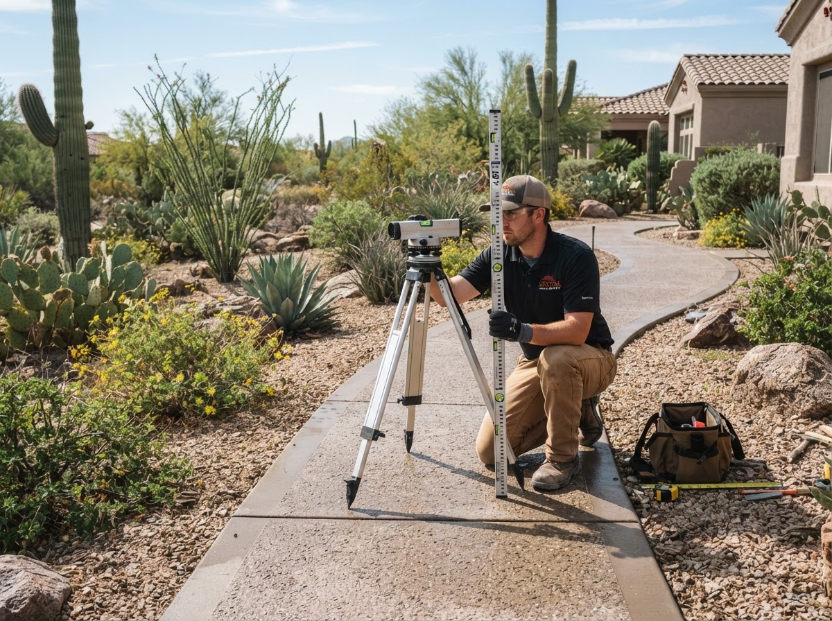 Technician checking elevation and grade across a landscaped residential walkway concrete slab in a mature Arizona desert-landscaped yard