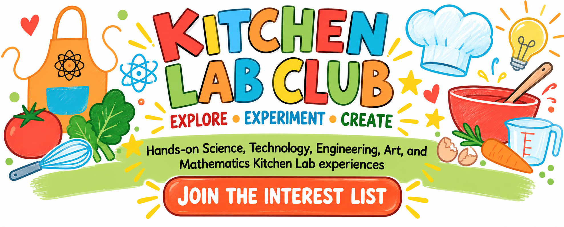 The Kitchen Is My Lab banner featuring young chefs with cooking utensils and science beakers