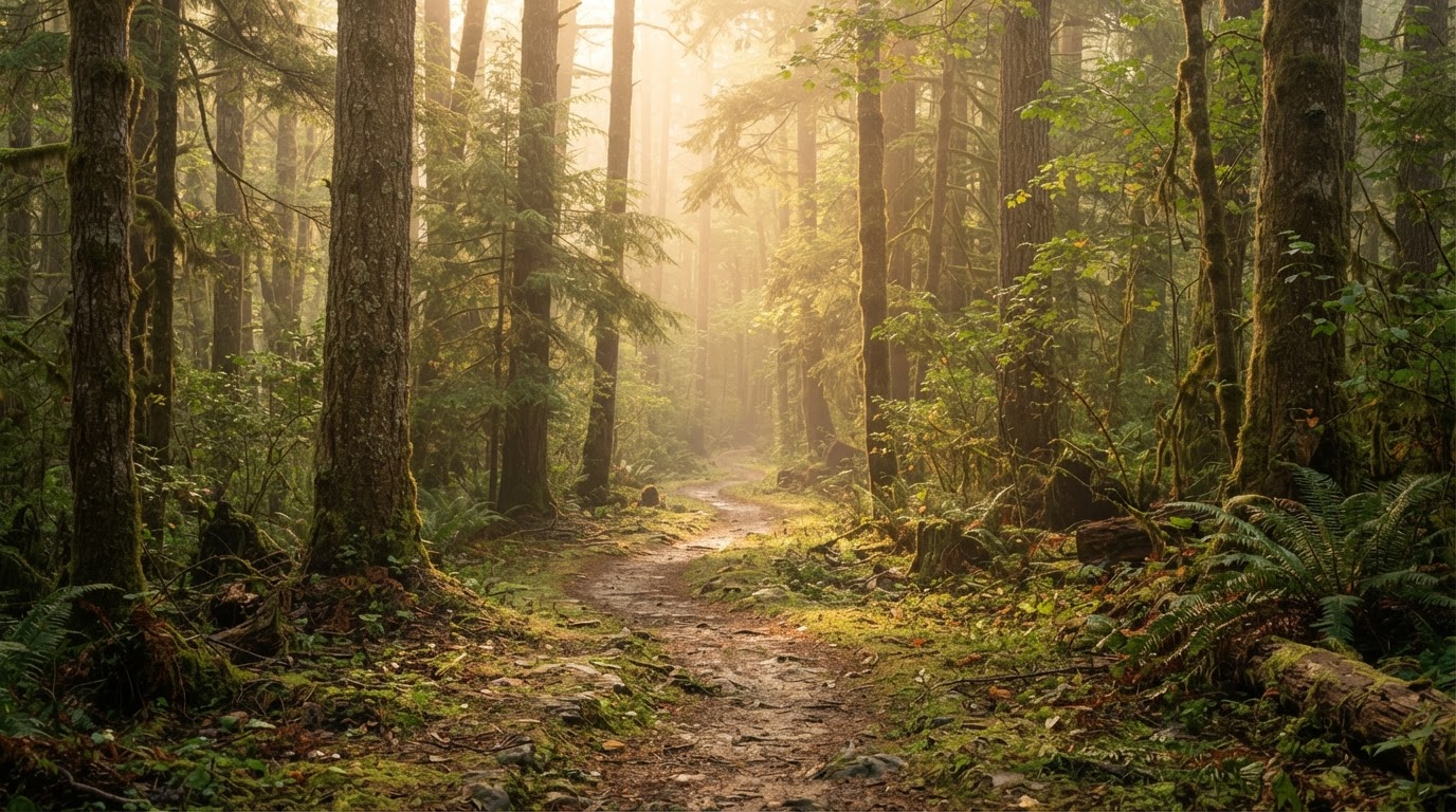 Sunlit forest path — grounded spirituality