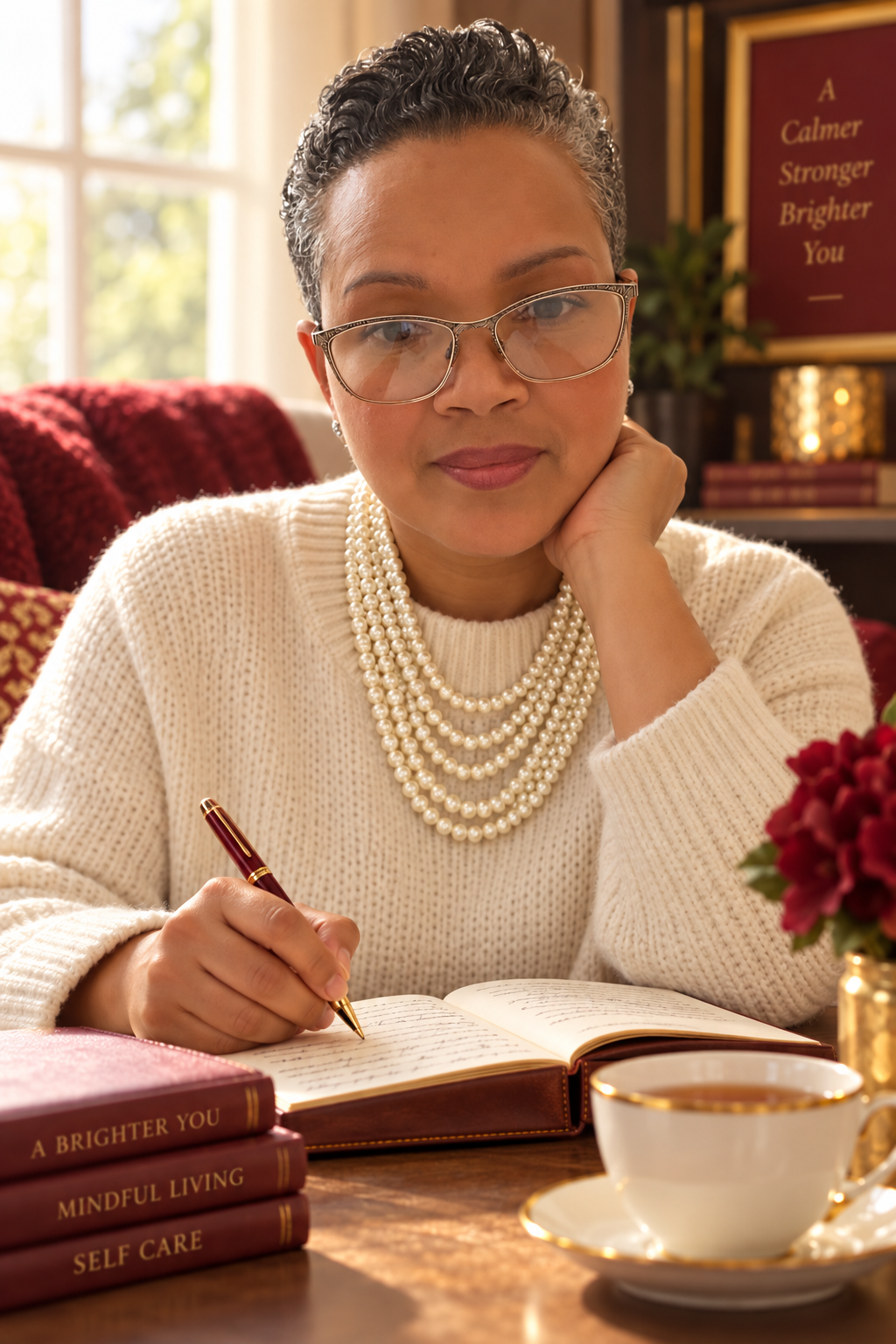 Minister Mo writing in her journal, warm, reflective, and approachable
