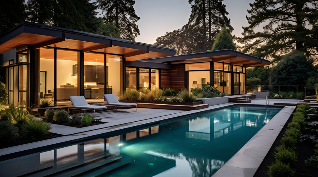 Swimming pool beside a modern home at dusk