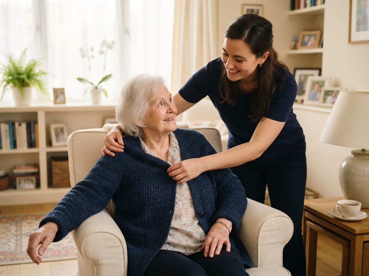 A caregiver gently helping a senior woman with her cardigan in a warm living room