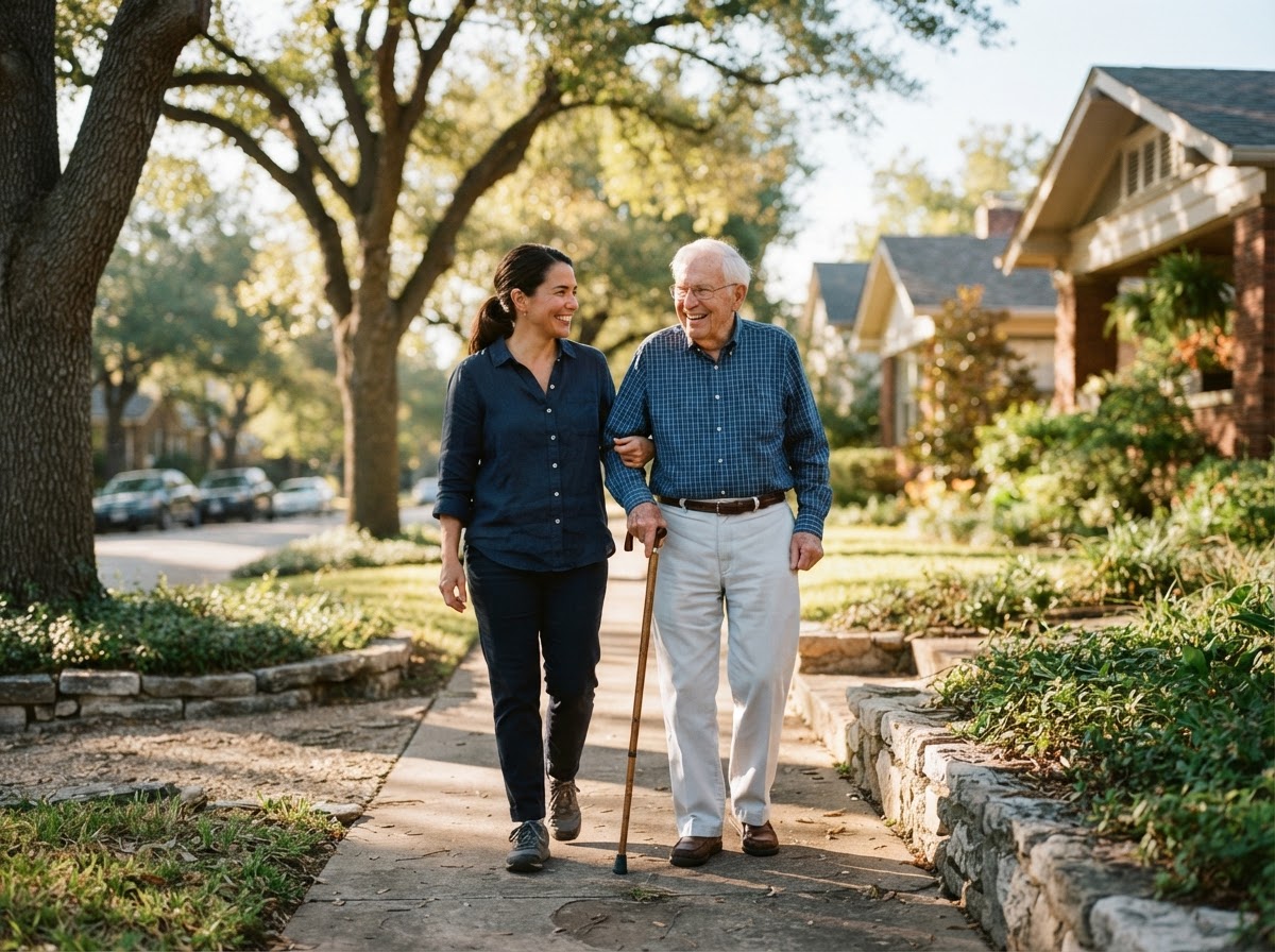 A caregiver walking with a senior man in a quiet Fort Worth neighborhood