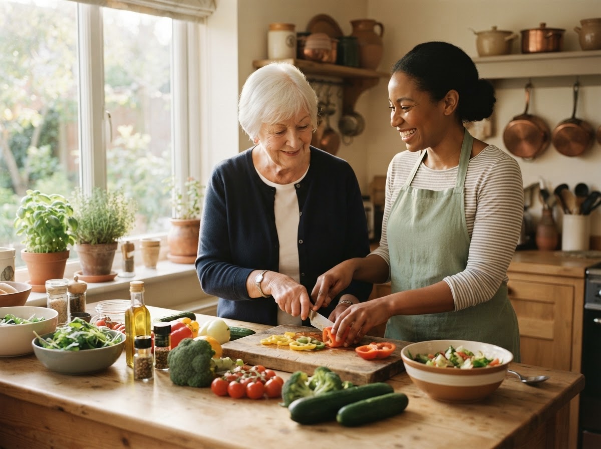 A caregiver preparing a meal with a senior in a bright kitchen