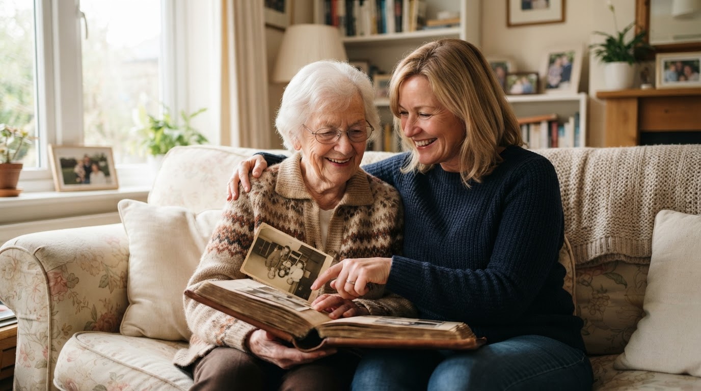 An adult daughter visiting her elderly mother at home, sharing a photo album together