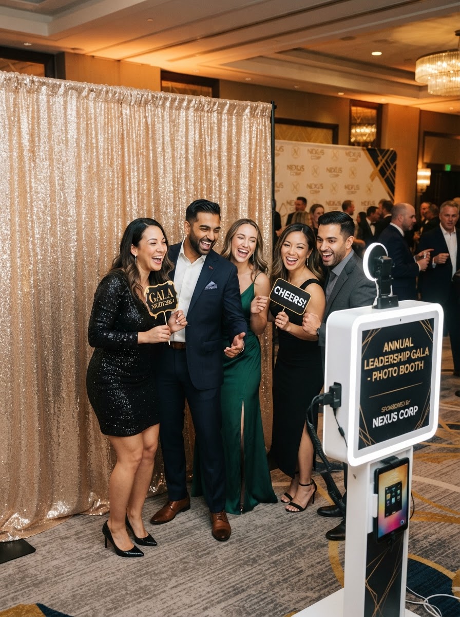 Corporate gala attendees enjoying branded photo booth activation