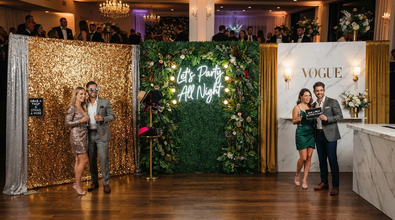 Collection of luxury photo booth backdrops and neon signs