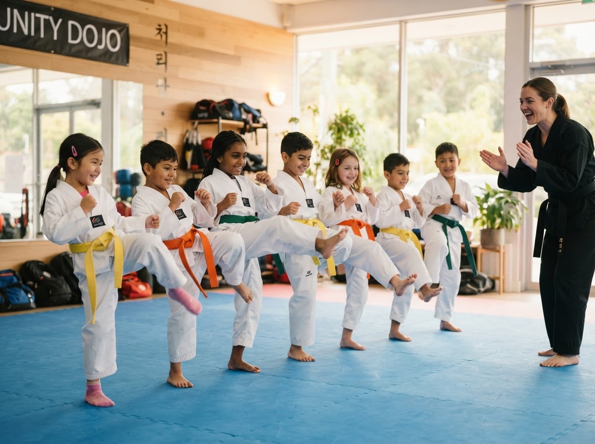 Group of children training together in taekwondo class with an instructor