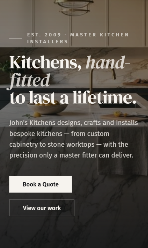 Mobile website preview for bespoke kitchen installer built by TradeFlow