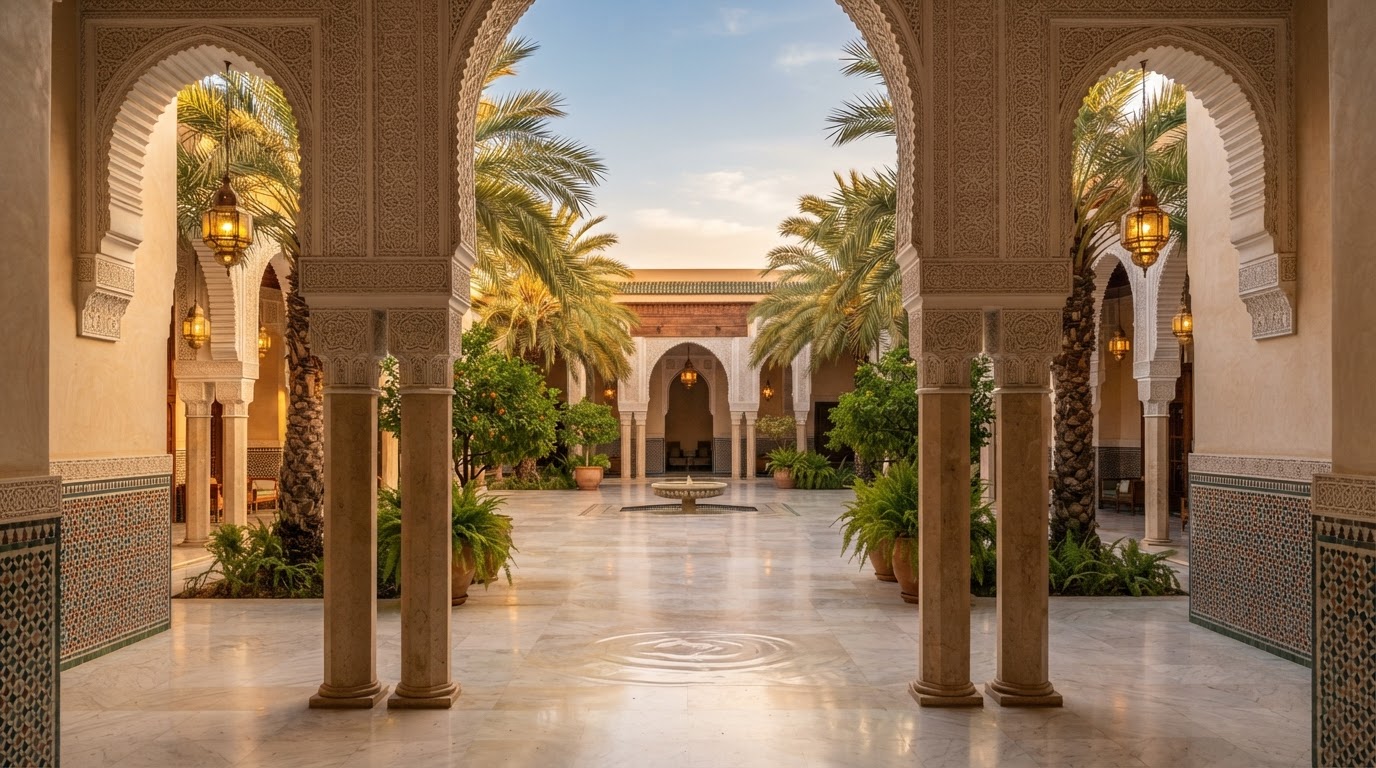 Luminous Moroccan palace courtyard framed with palm trees and lanterns