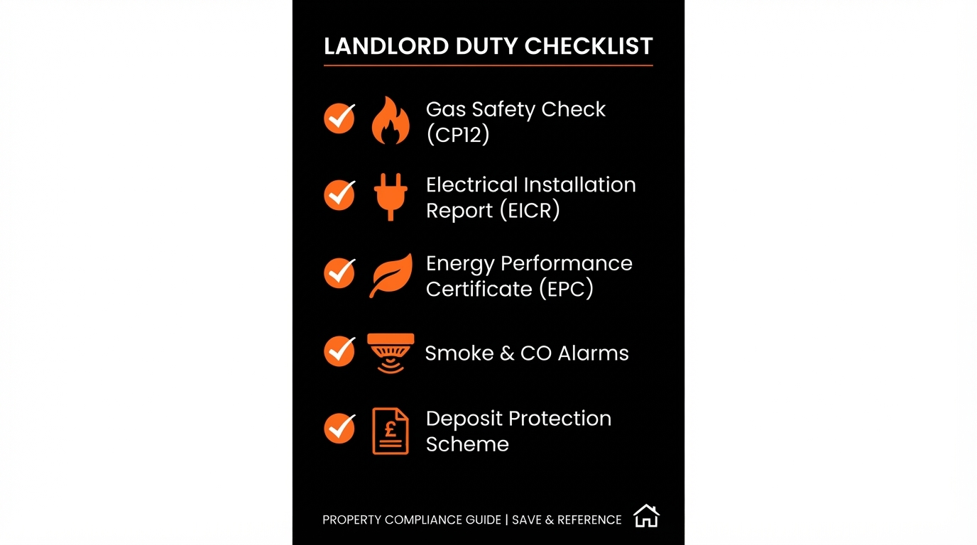 Checklist graphic with orange icons for gas, electrical, EPC, alarm and deposit duties on a black background