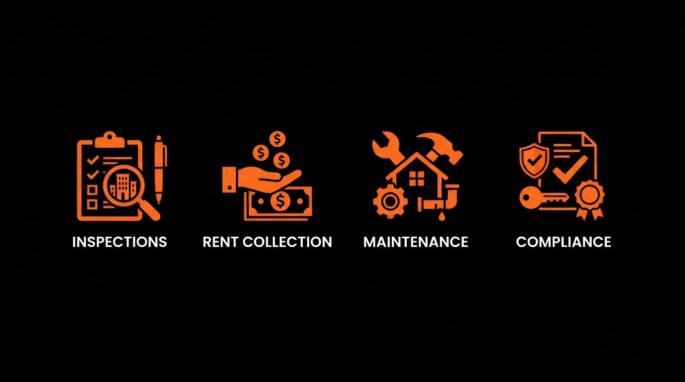 Icon set representing inspections, rent collection, maintenance and compliance with orange accents on a black background