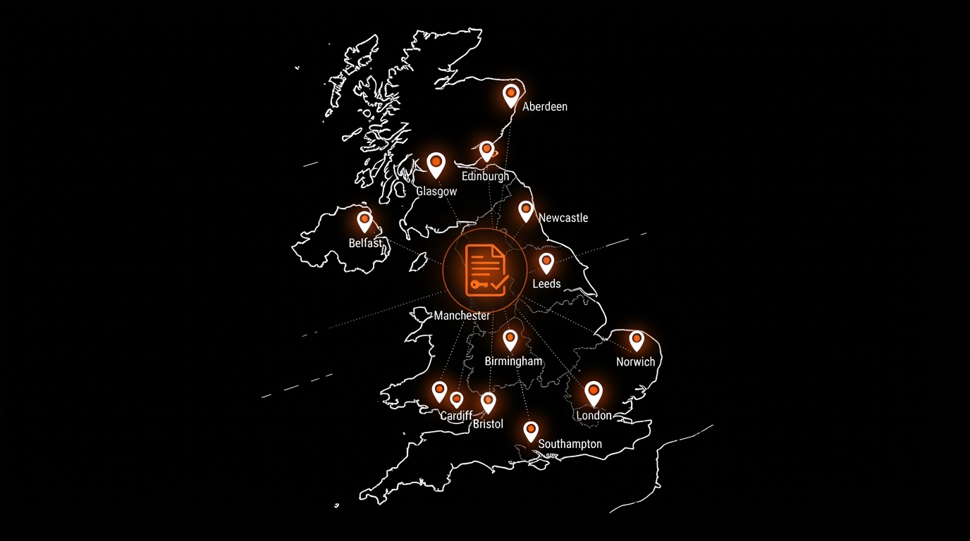 UK map outline in white line art with orange location pins and a register icon on a black background